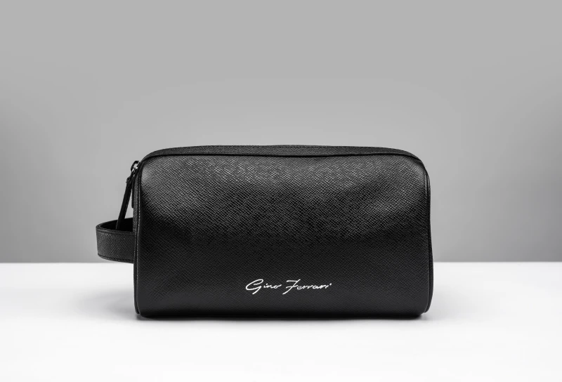 Image of Gino Ferrari Mens Black Leather Wash Bag Bathroom Travel Essentials Black Male One Size