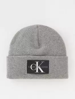 Image of Calvin Klein Jeans Monologo Patch Non-Rib Knitted Beanie Hat - Grey, Men