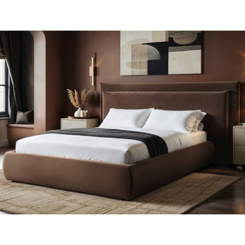 Image of Solace+Co Sigrid Chocolate Velvet Cushion Headboard Ottoman Bed in Brown Size: Double Brown Unisex Double