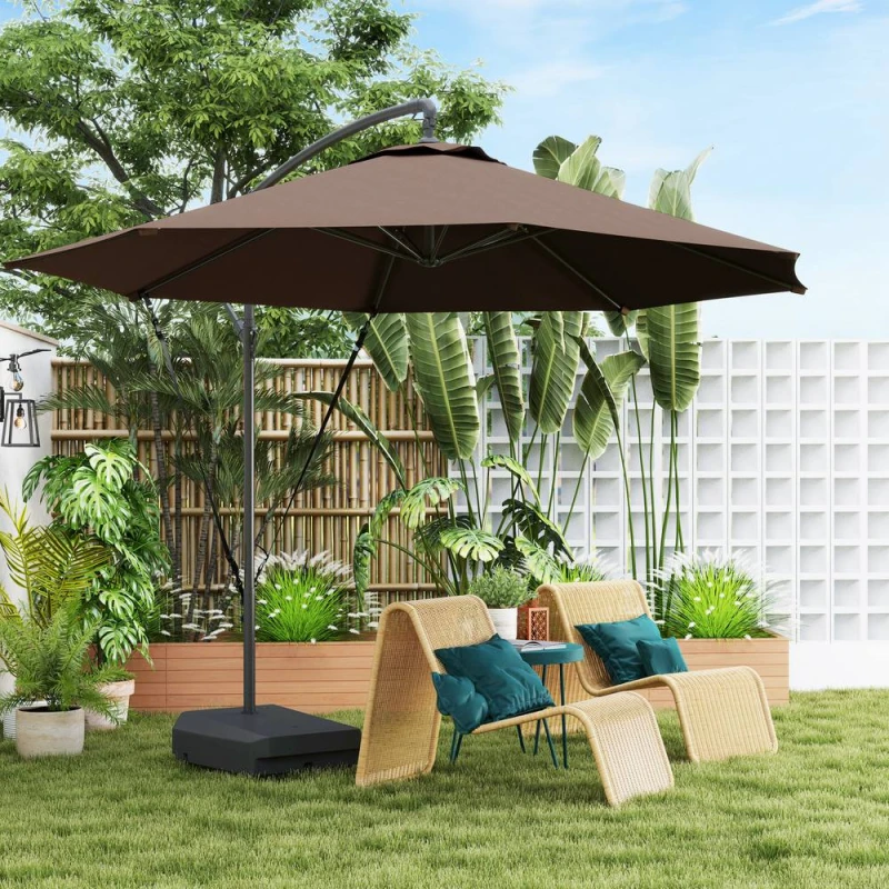 Image of Outsunny Garden Cantilever Parasol with Cover Weighted Base Wind Strap Brown Brown