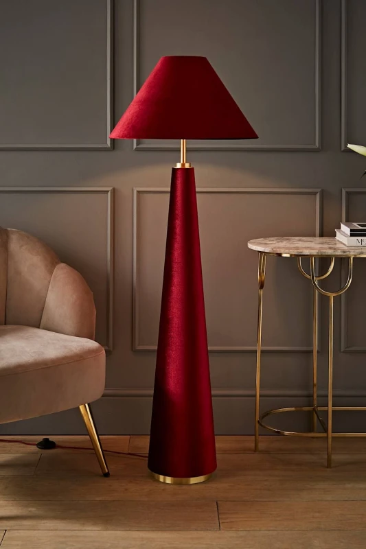 Image of ValueLights ValueLights Martha Velvet Midi Floor Lamp with Conical Velvet Lamp Shade in Burgundy Burgundy One Size Unisex 5059406067631