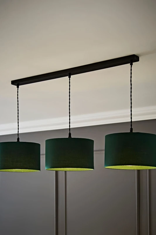 Image of ValueLights ValueLights Reni Fabric Drum Shade 3 Drop Bar Matte Black Diner Ceiling Pendant Light in Bottle Green Bottle Green One Size Unisex 5059406