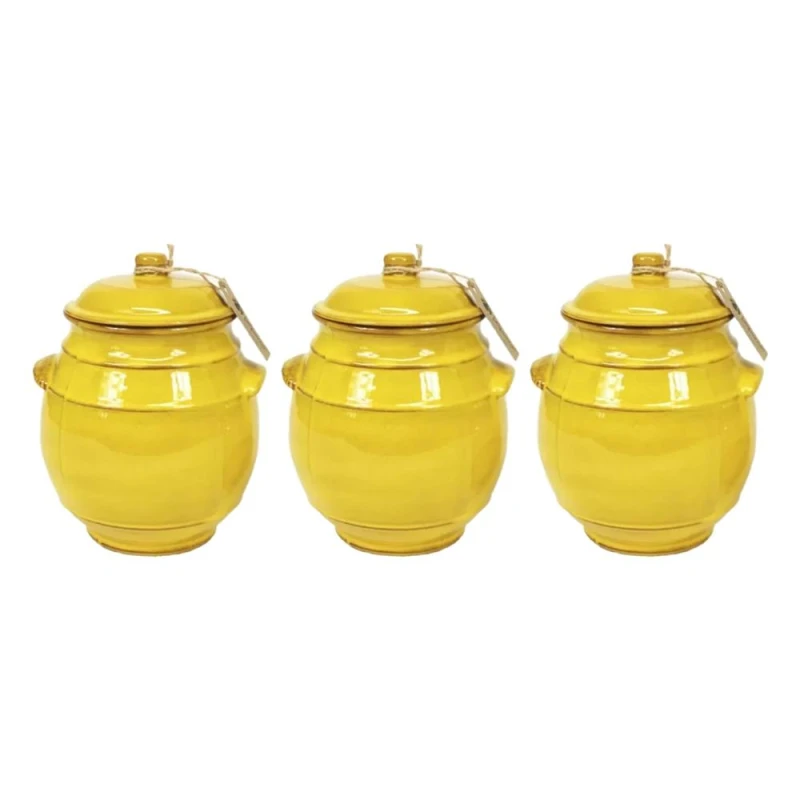 Image of Verano Spanish Ceramics Selena Fully Dipped Ceramic Kitchen Storage Jar w/ Lid H 15cm Set of 3 in Yellow Yellow Unisex