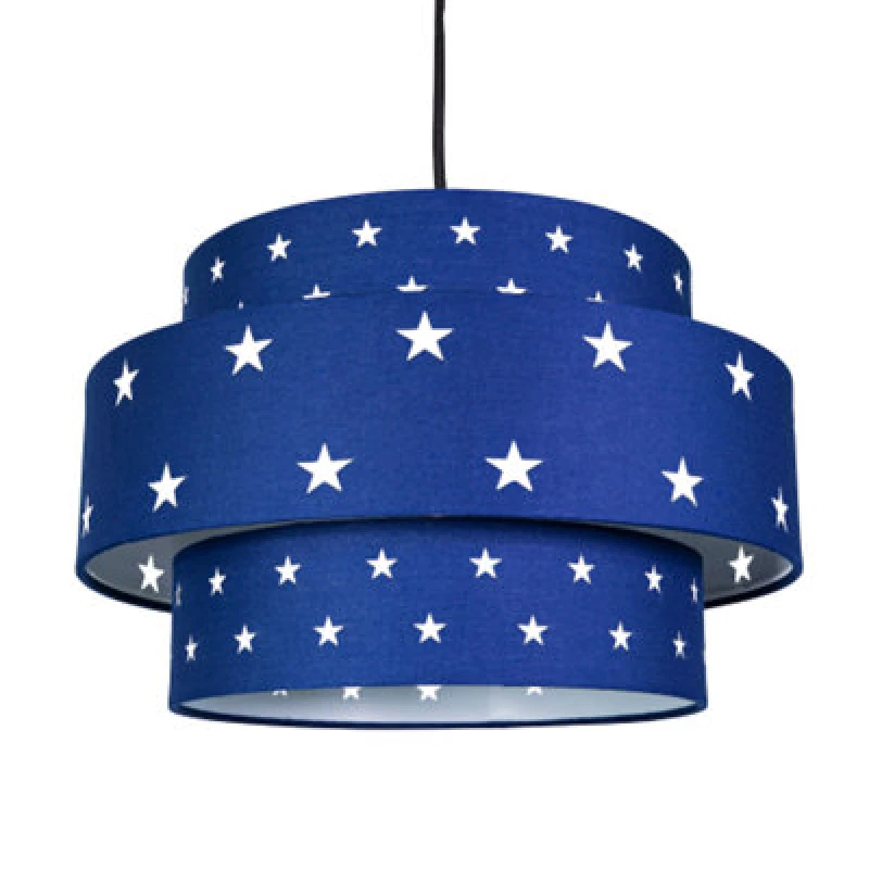 Image of Happy Homewares Triple Tier Midnight Blue Cotton Fabric Childrens Pendant Shade With Stars Decor