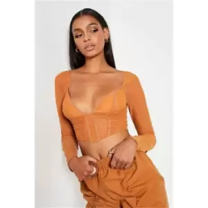 Image of I Saw It First Rust Mesh Corseted Long Sleeve Top - Orange