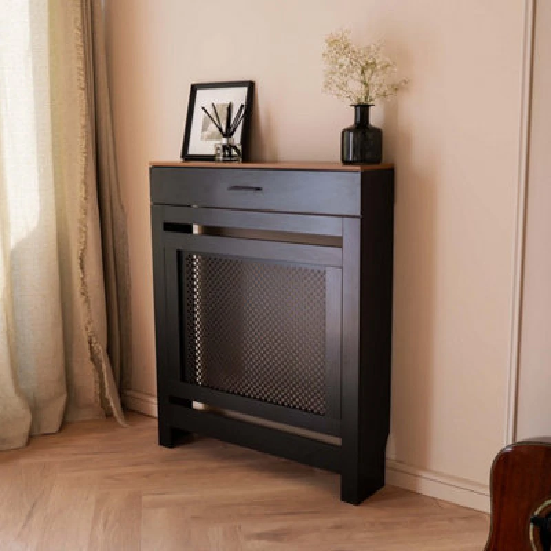 Image of Jack Stonehouse Black Radiator Cover - Wooden Mdf Diamond Mesh With Shelf & Storage Drawer - Small - W:78Cm