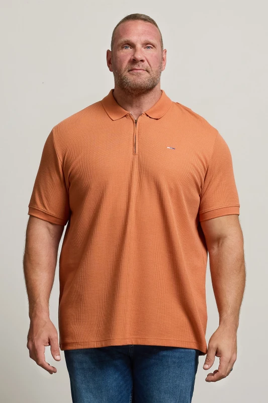 Image of BadRhino BadRhino Men Waffle Texture Zip Polo Shirt in Orange Size: 5-6X-Large Orange 5-6XL Male 5063589245830