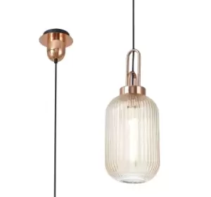 Image of 1 Light Pendant E27 With 20cm Tubular Ribbed Glass, Champagne Copper, Matt Black