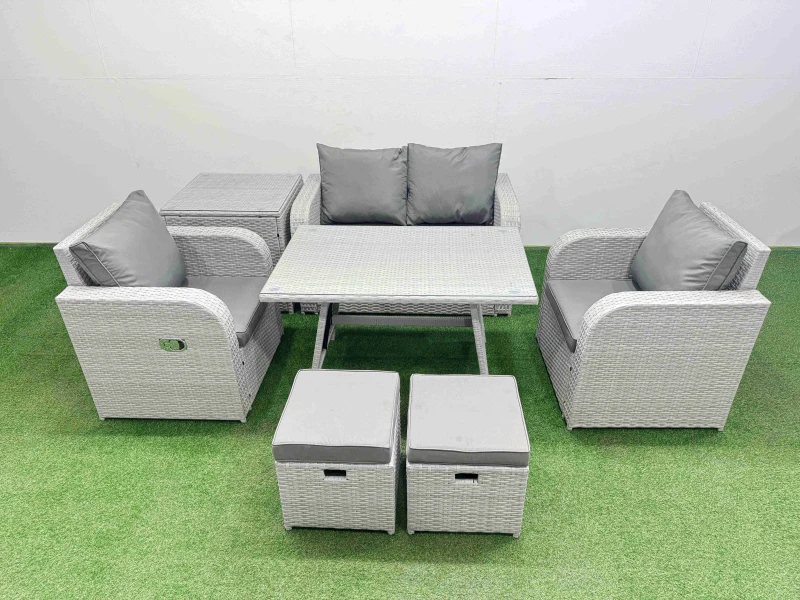 Image of Fimous Light Grey PE Rattan Garden Furniture Set Reclining Chair LSide Table Light Grey Unisex