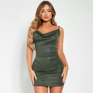 Image of I Saw It First Glitter Stretch High Neck Racer Bodycon Mini Dress - Green