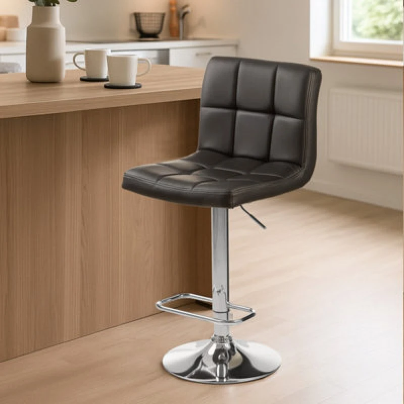 Image of Premier Housewares Interiors By Premier Adjustable Height Seat Bar Stool With Chrome Base, Comfortable Bar Chair, Sleek Modern Bar Stool Black