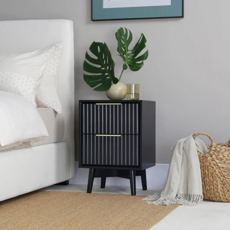 Image of Home Garden Direct Monza 2 Drawer Bedside Table with Fluted Front Black Unisex