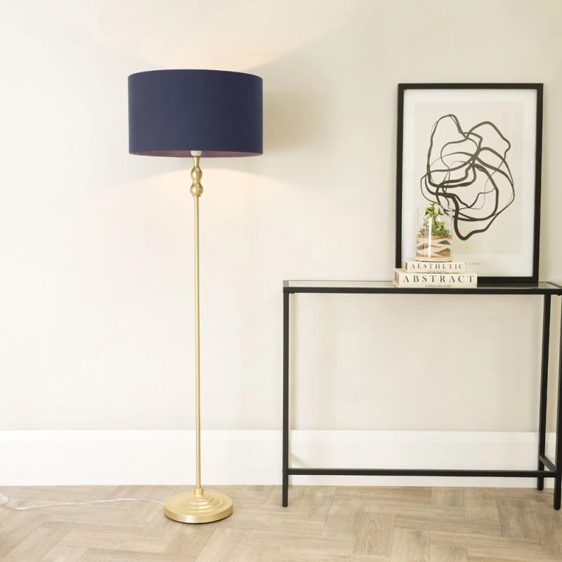 Image of ValueLights Maggie Gold Metal Candlestick Floor Lamp with Fabric Lamp Shade Navy