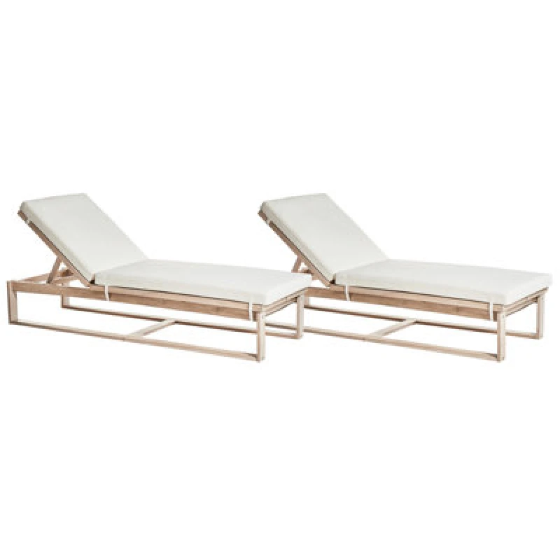 Image of Beliani Set Of 2 Sun Loungers With Cushions Azzanello Acacia Wood Off-White