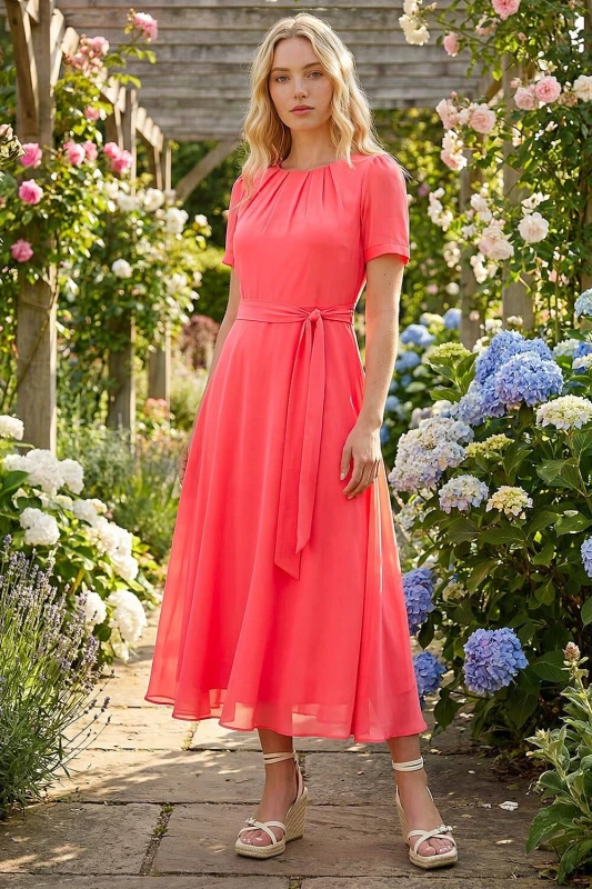 Image of Roman Womens Pleat Chiffon Belted Midi Dress in Coral Size: 16 Coral Female 16