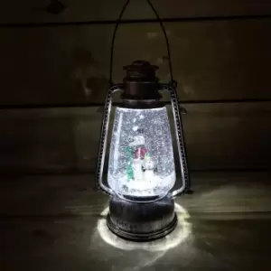 Image of Samuel Alexander - 24cm Premier Christmas Water Spinner Antique Silver Effect Hurricane Lantern Style with Snowman & Penguin Scene