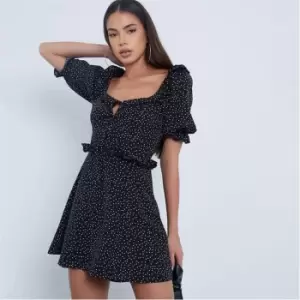 Image of I Saw It First Polka Dot Puff Sleeve Frill Mini Skater Dress - Black