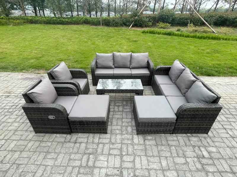 Image of Fimous Rattan Wicker Garden Furniture Patio Conservatory Sofa Set with Rectangular Coffee Table Reclining Chair 2 Big Footstool Dark Grey
