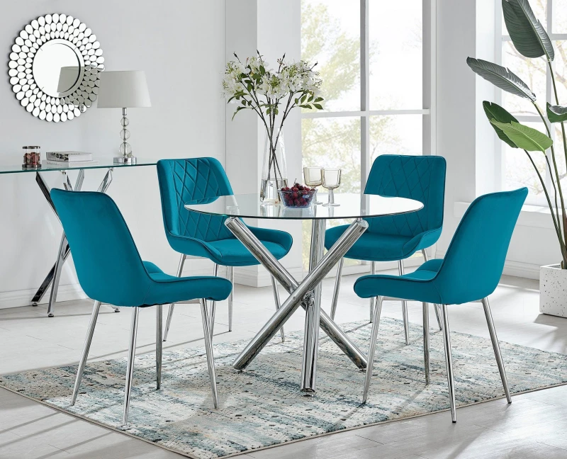 Image of FurnitureboxUK FurnitureboxUK Selina Round Glass Chrome Leg Dining Table and Pesaro Silver Leg Chairs in Blue Size: 4 Person Blue 4 Person Unisex 50