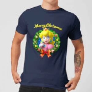 Image of Nintendo Super Mario Peach Merry Christmas Wreath Navy T-Shirt - S - Navy