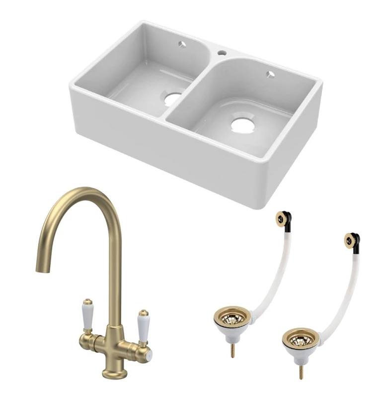 Image of Balterley Fireclay 2 Bowl Full Weir Butler Sink Wastes Tap Brushed Brass 795mm Bronze