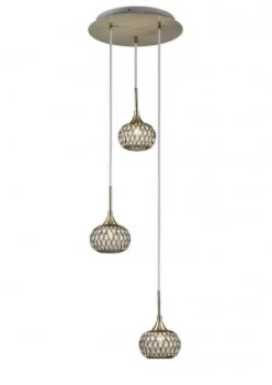 Image of Ceiling Cluster Pendant 3 Light Round Antique Brass, Clear Glass