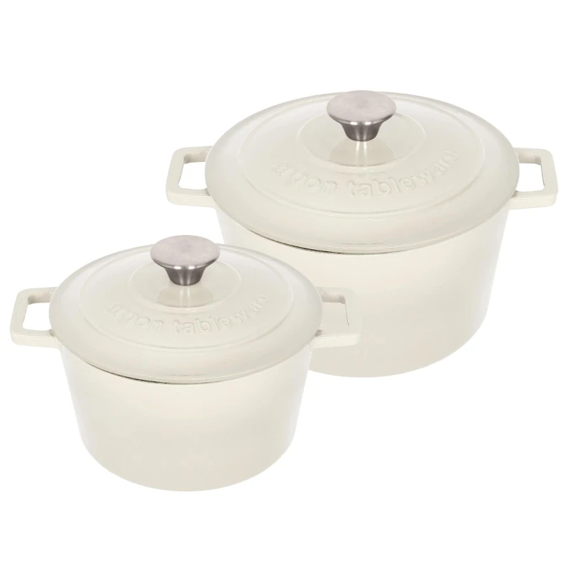 Image of Argon Tableware 2pc Round Cast Iron Casserole Dish Set - 2.8L / 4.5L Cookware with Lid in Beige Beige Unisex