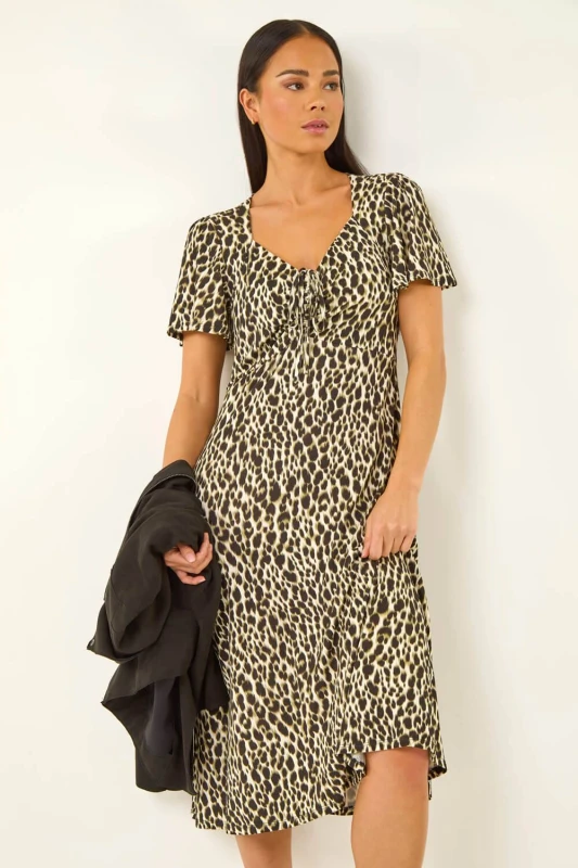 Image of Roman Womens Petite Animal Print Drawstring Midi Dress in Khaki Size: 14 Khaki Female 14
