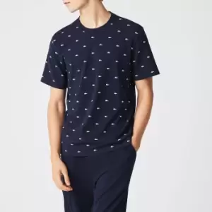Image of Lacoste Mens Crocodile Print Stretch Cotton Indoor T-Shirt Size 3 - S Navy Blue / White