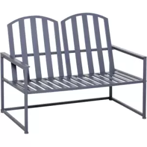 Image of Outsunny 2 Seat Steel Patio Garden Bench Chair Slat Design Backyard Porch, Grey - Grey
