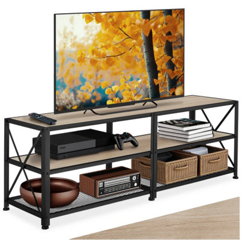 Image of Tectake Industrial TV Stand - Lowboard Cabinet 3 Shelves Low Display Console 141cm - Industrial Wood Light, Oak Sonoma