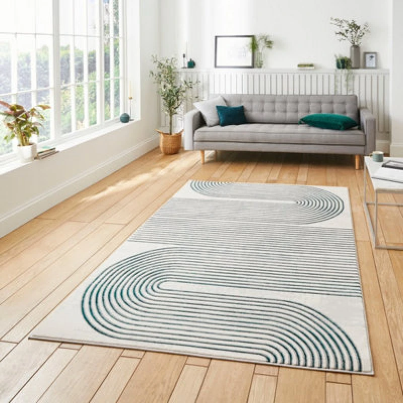Image of Grey Green Abstract Modern Striped Easy To Clean Dining Room Rug-160Cm X 220Cm