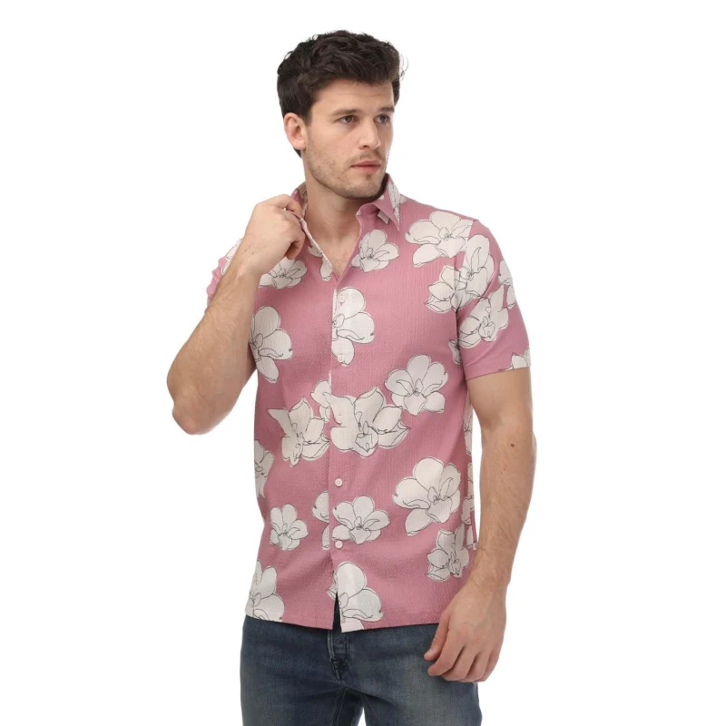 Image of Ted Baker Coving Short Sleeve Seersucker Floral Print Shirt - Pink Pink S