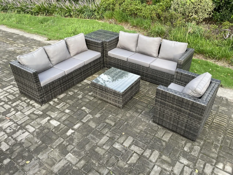 Image of Fimous Rattan Garden Furniture Sofa Set with Armchair Square Coffee Table Side Table Indoor Outdoor 7 Seater Rattan Set Dark Grey