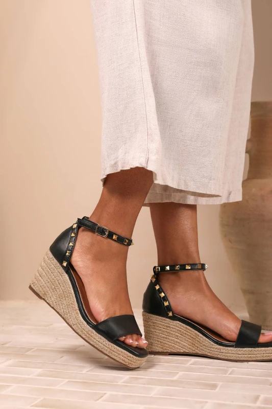 Image of Where's That From Womens 'Sawyer' Wedge Sandals With Gladiator Ankle Strap in Black Size: 3 Black Female 3
