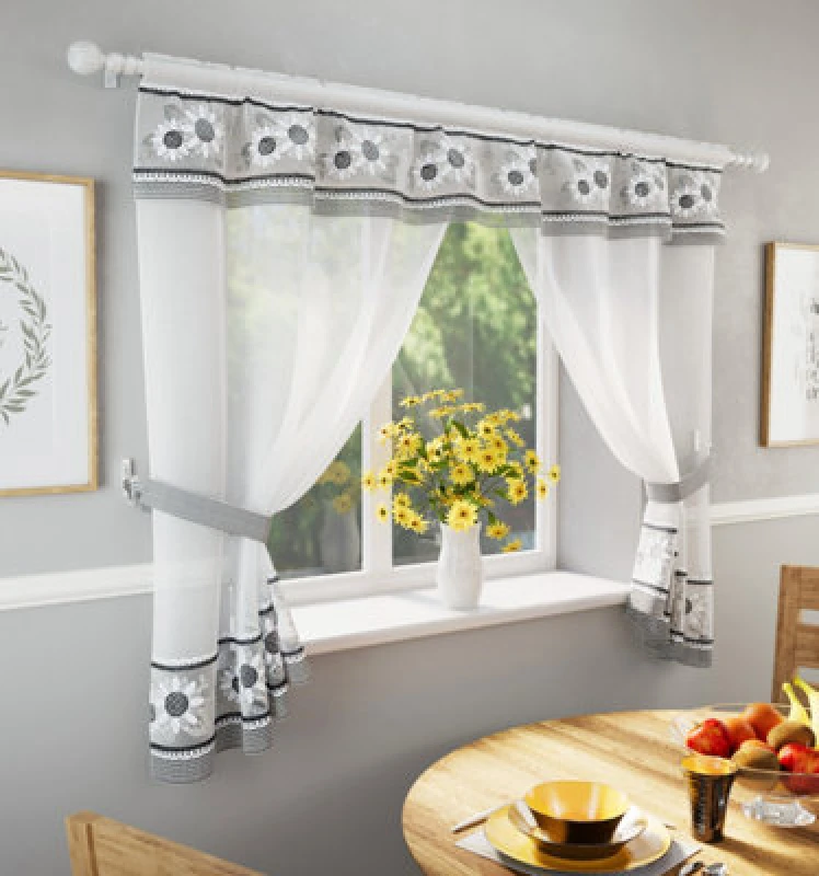 Image of Tyrone Textiles Keswick Black Floral Embroidery Window Set With Matching Tie Backs - 98X54" (249X137Cm)