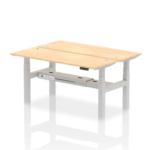 Image of Air Air Back-to-Back 1600 x 600mm Height Adjustable 2 Person Bench Desk Maple Top with Cable Ports Silver Frame HASCP2P16600MPES