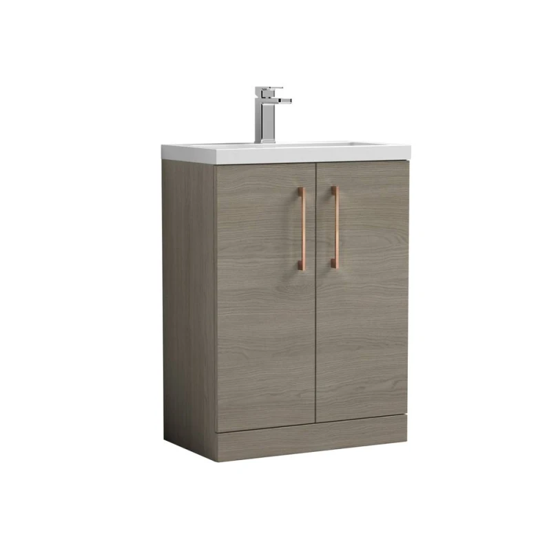 Image of Balterley Bathroom Vanity Basin Unit, Brushed Bronze Handles, 600mm, Mid Oak in Brown Brown Unisex