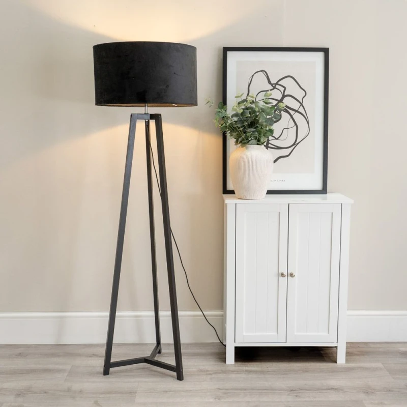Image of ValueLights Lottie Black Wood Tripod Floor Lamp with Velvet Drum Shade Black