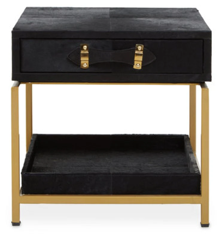 Image of Orsina Black Hair On Hide Bedside Table, Luxe Gold Frame Nightstand, Modern Statement Side Table, Wooden Table