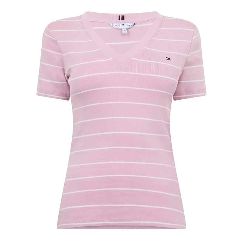 Image of Tommy Hilfiger V-Neck Striped T-Shirt Pink/Ecru female 8 (XS)