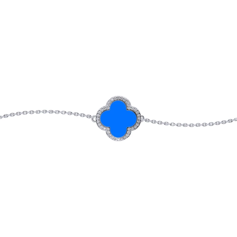 Image of Jewelco London Silver Blue Clover Agate CZ Halo Lucky Charm Bracelet 7-8.5" - ABB243 Silver