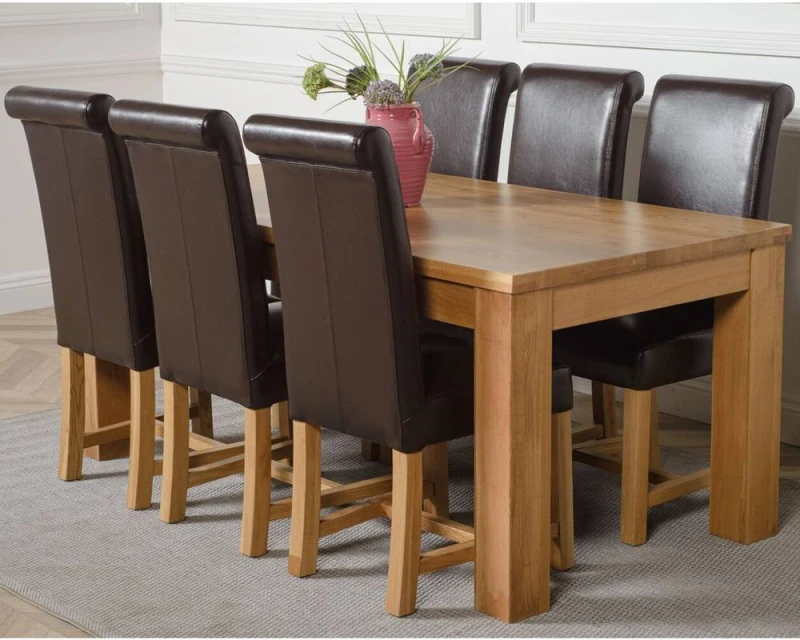 Image of Thats Furniture Dakot 182 x 92cm Oak Large Dining Table & 6 Washington Leather Chairs in Brown Size: 182 x 92cm Brown Unisex 182 x 92 cm