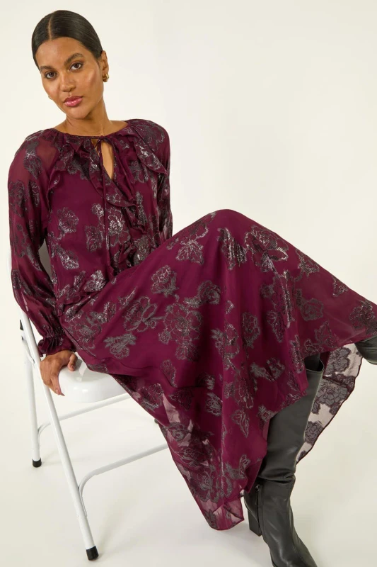 Image of Roman Womens Floral Brocade Frill Midi Dress in Wine Size: 16 Wine Female 16