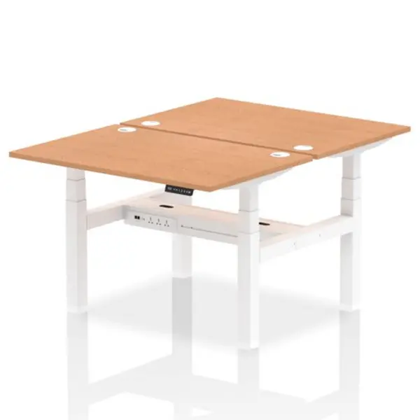 Image of Air Air Back-to-Back 1200 x 800mm Height Adjustable 2 Person Bench Desk Oak Top with Cable Ports White Frame HASCP2P12800OAKW