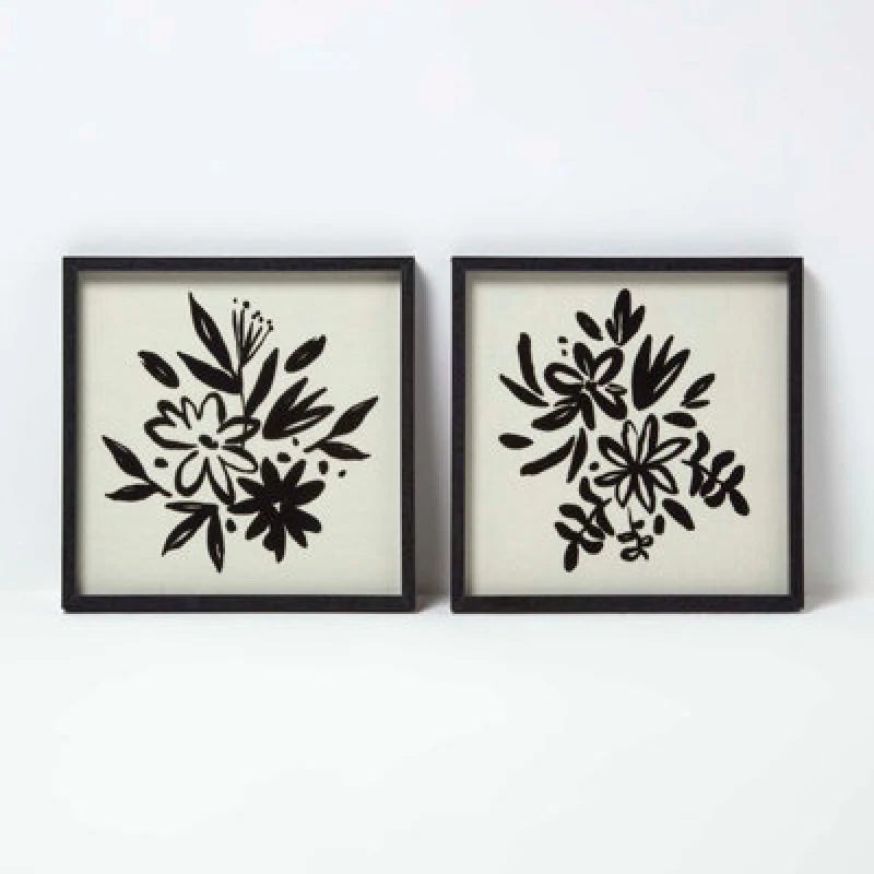 Image of Homescapes Set Of 2 Black Linen Flower Wall Art