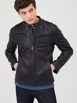 Image of Superdry Hero Light Leather Racer Jacket - Black, Size S, Men