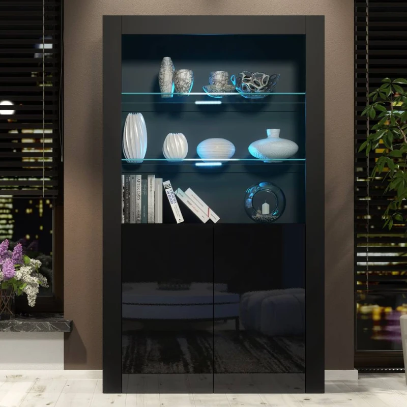 Image of Creative Furniture Spectrum Display Cabinet 170cm - Black with Gloss Doors & LED Lights Black Unisex