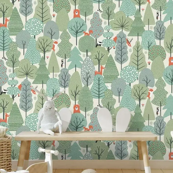 Image of YOL Muriva Sage Green Wild Woodland Wallpaper Kids Nursery Feature Wall WL-M51604