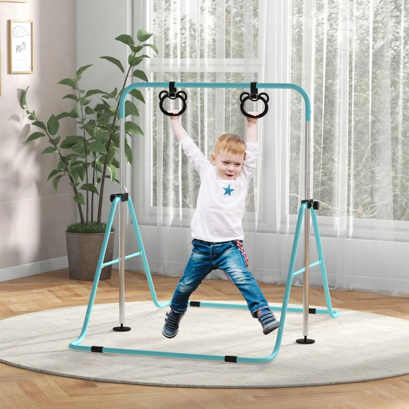 Image of HOMCOM Adjustable Height Foldable Kids Gymnastics Bar With Non-slip Mats, Green 340-016V00GN
